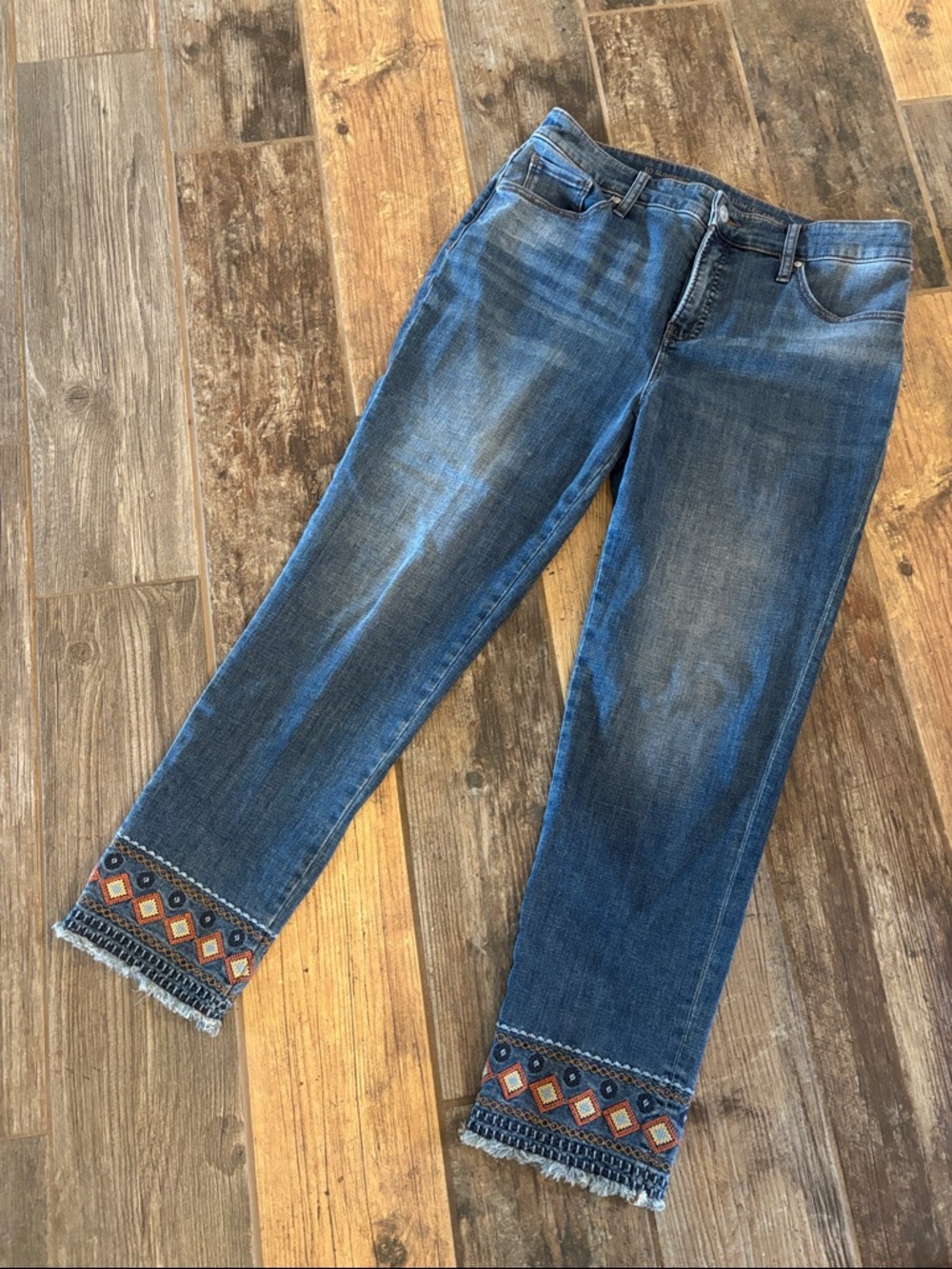 Chico’s (Size 1/M/8) Women's Blue Embroidered Hem So Sliming Girlfriend Jeans